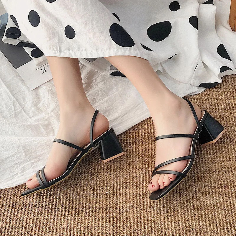 Nude Strappy Block Heels Thin Black Band Sandals