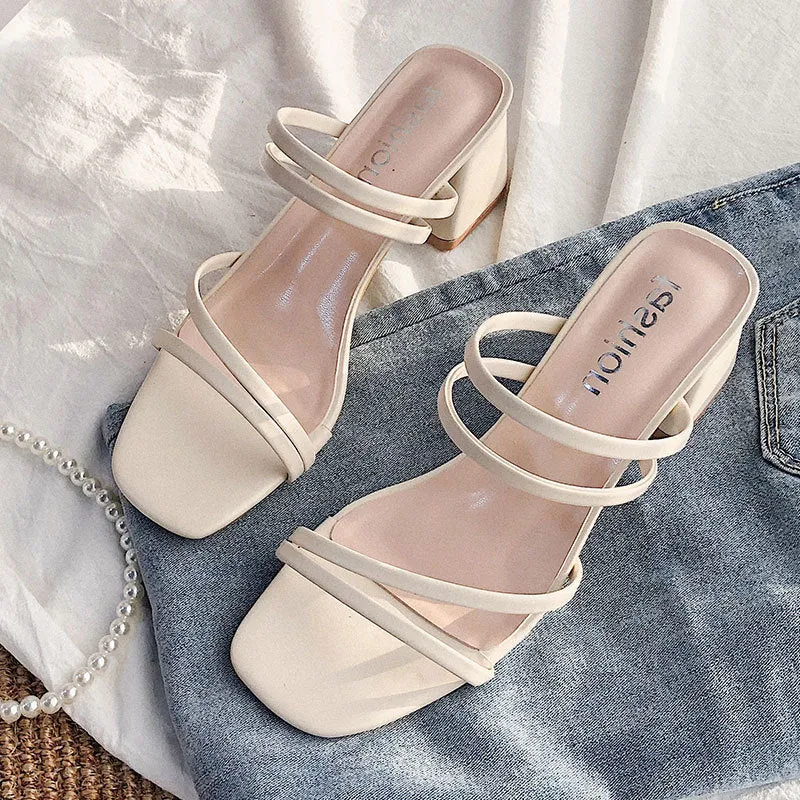 Nude Strappy Block Heels Thin Black Band Sandals