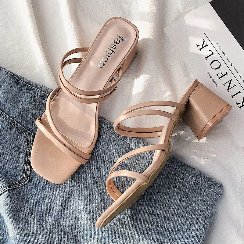 Nude Strappy Block Heels Thin Black Band Sandals