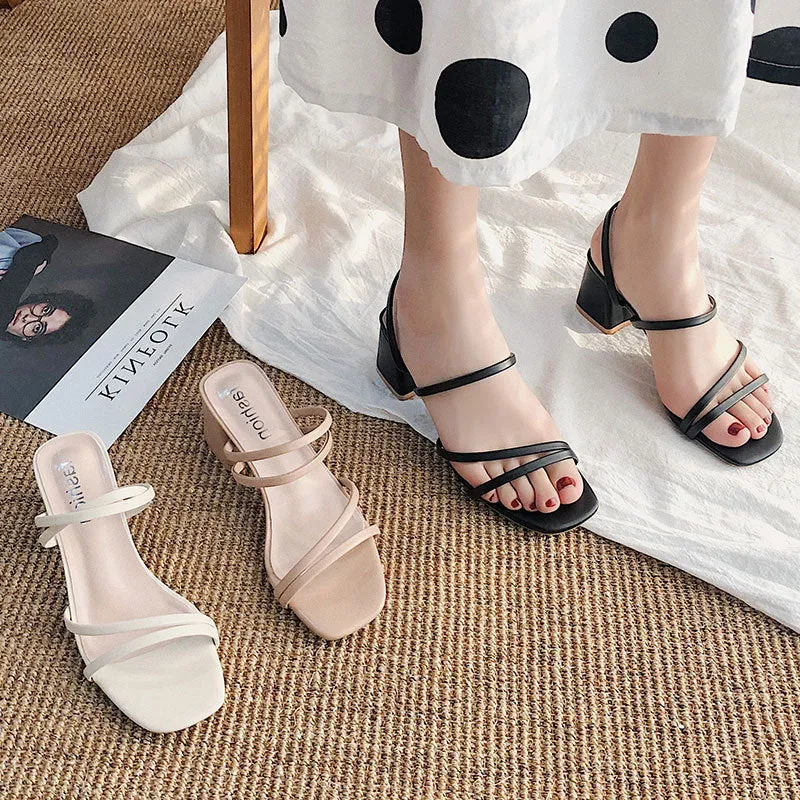 Nude Strappy Block Heels Thin Black Band Sandals