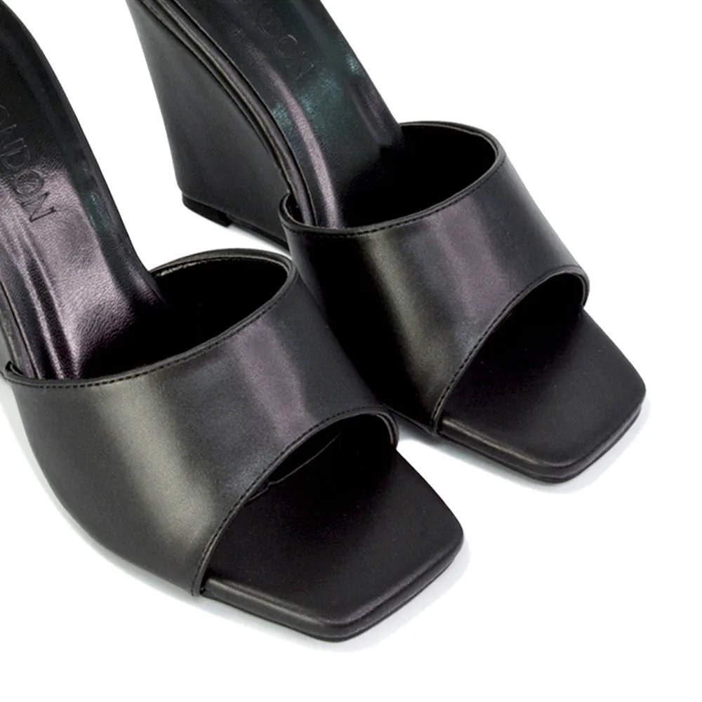 Otis Slip On Square Toe Wedge High Heeled Mule Summer Sandal Slides in Black