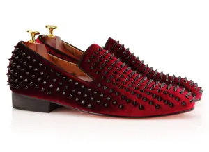 Red Studded Velvet Loafers