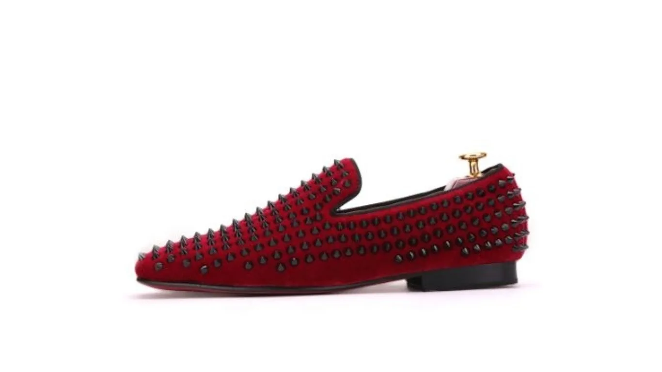 Red Studded Velvet Loafers