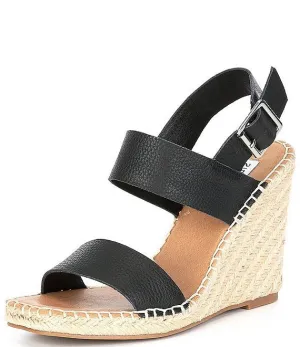 Steve Madden Uri Black Leather Open Toe Espadrille Buckle Closure Wedge Sandals