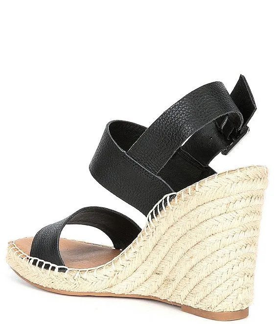 Steve Madden Uri Black Leather Open Toe Espadrille Buckle Closure Wedge Sandals