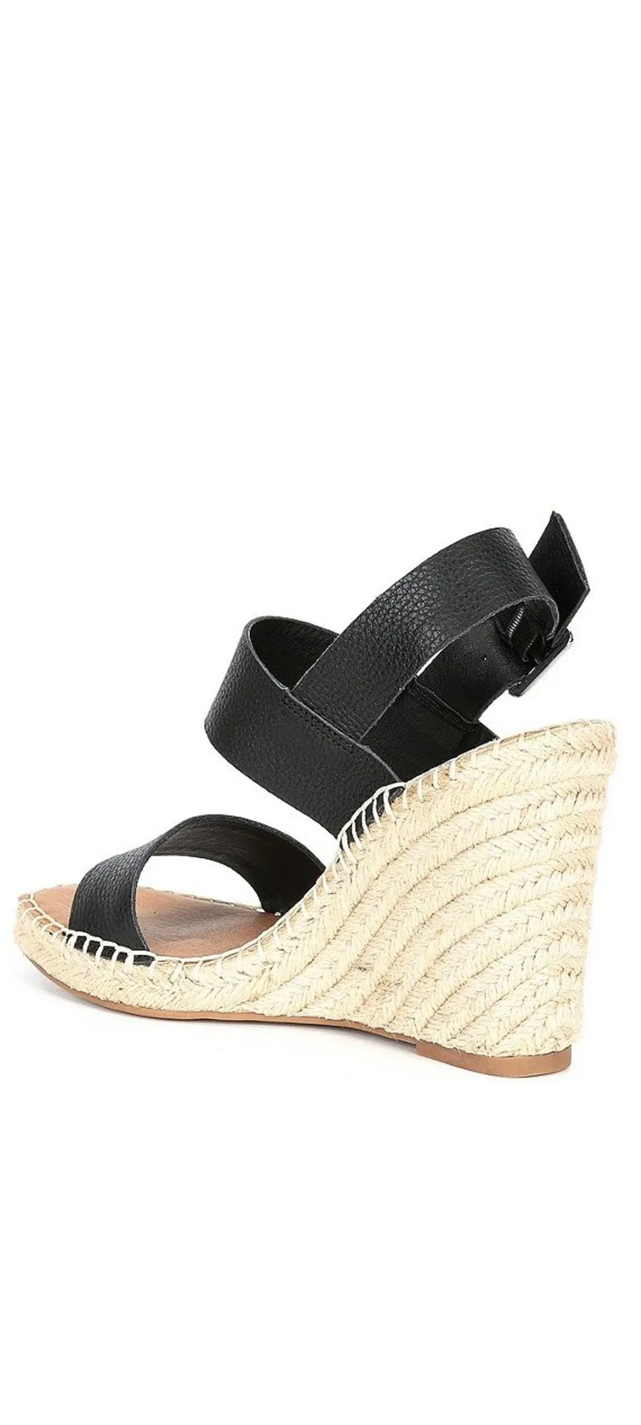 Steve Madden Uri Black Leather Open Toe Espadrille Buckle Closure Wedge Sandals