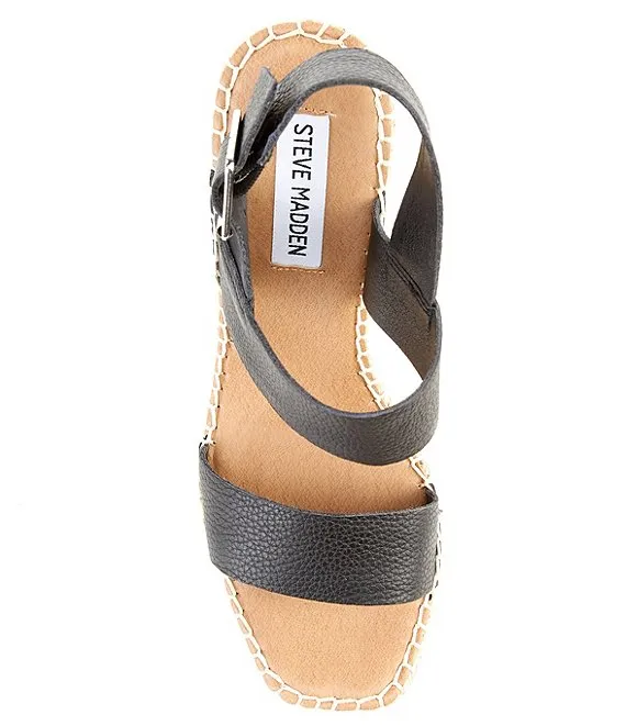 Steve Madden Uri Black Leather Open Toe Espadrille Buckle Closure Wedge Sandals