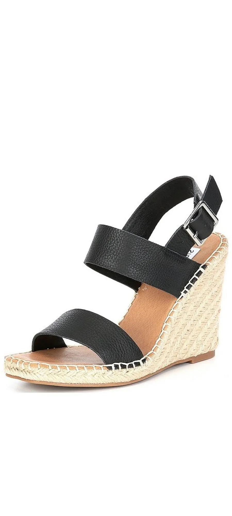 Steve Madden Uri Black Leather Open Toe Espadrille Buckle Closure Wedge Sandals