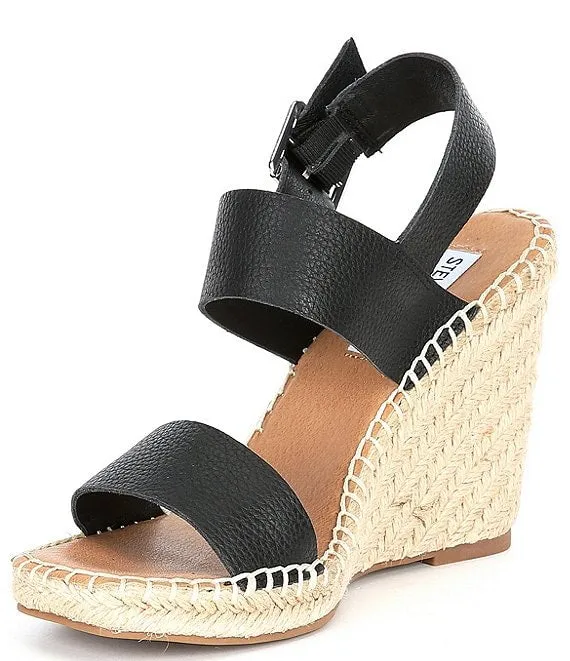 Steve Madden Uri Black Leather Open Toe Espadrille Buckle Closure Wedge Sandals