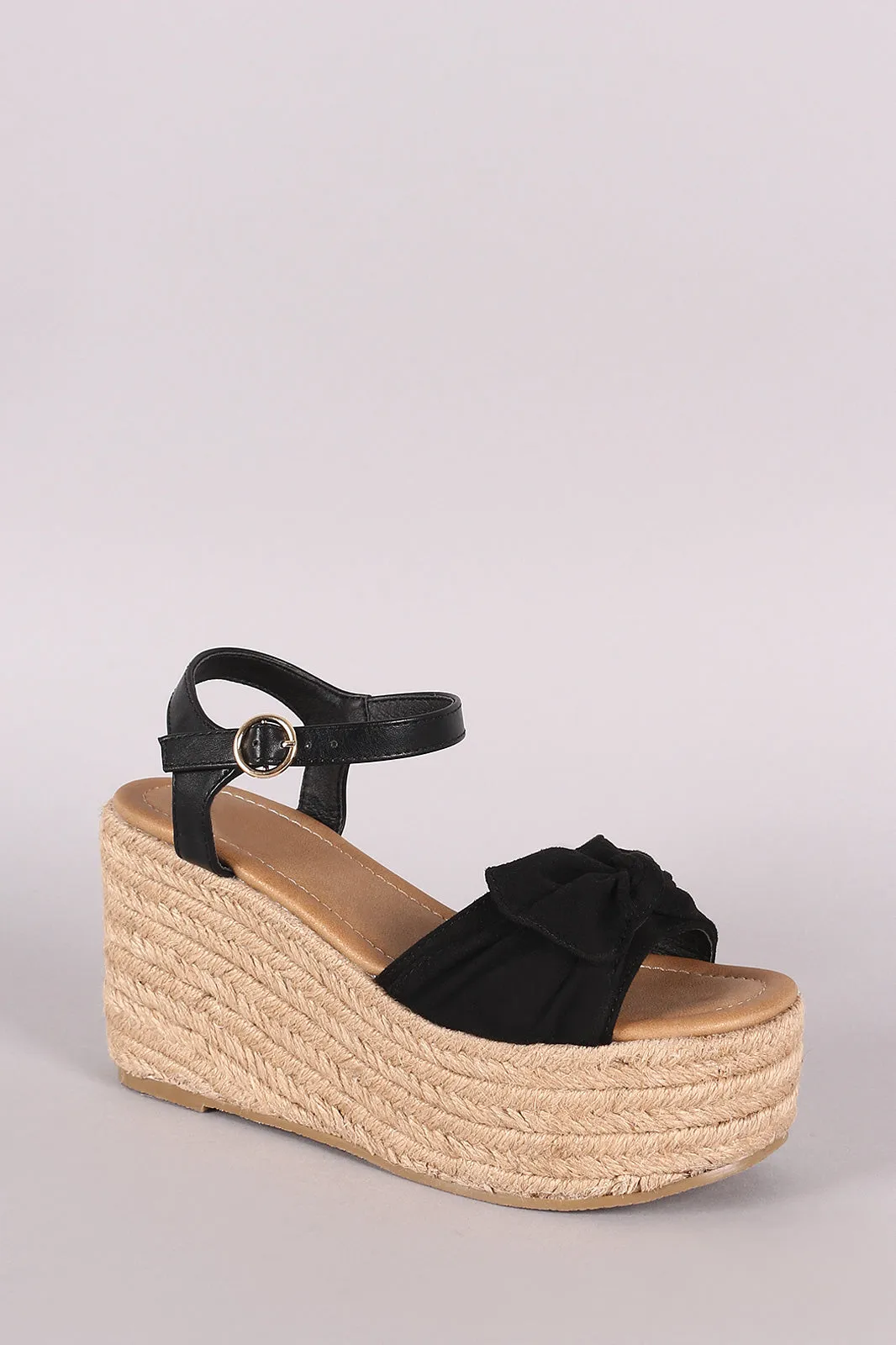 Suede Bow Open Toe Espadrille Platform Wedge