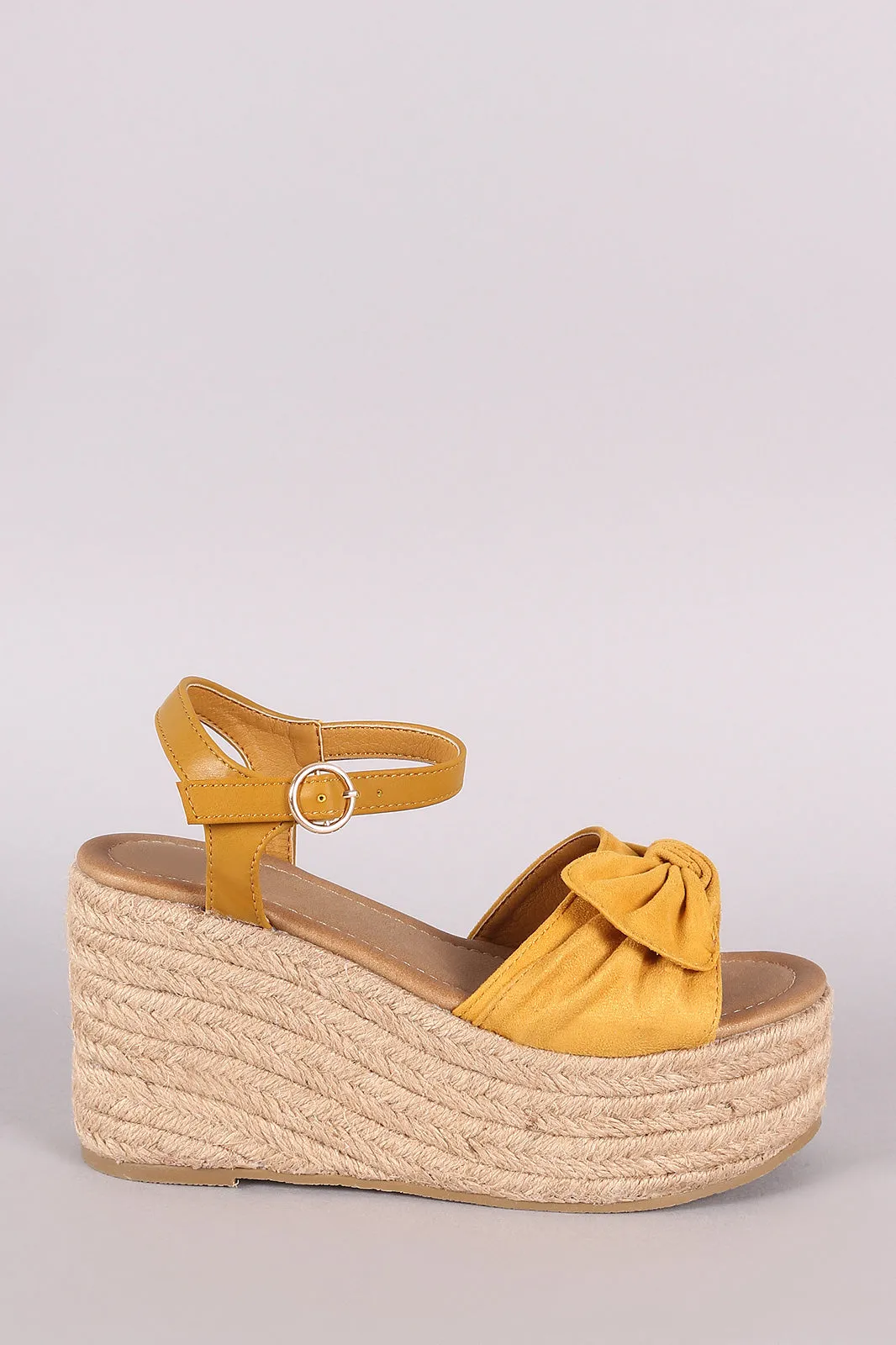 Suede Bow Open Toe Espadrille Platform Wedge