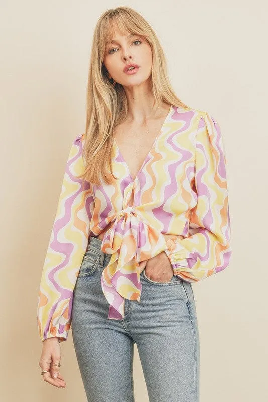 Summer Waves Tie Front Top