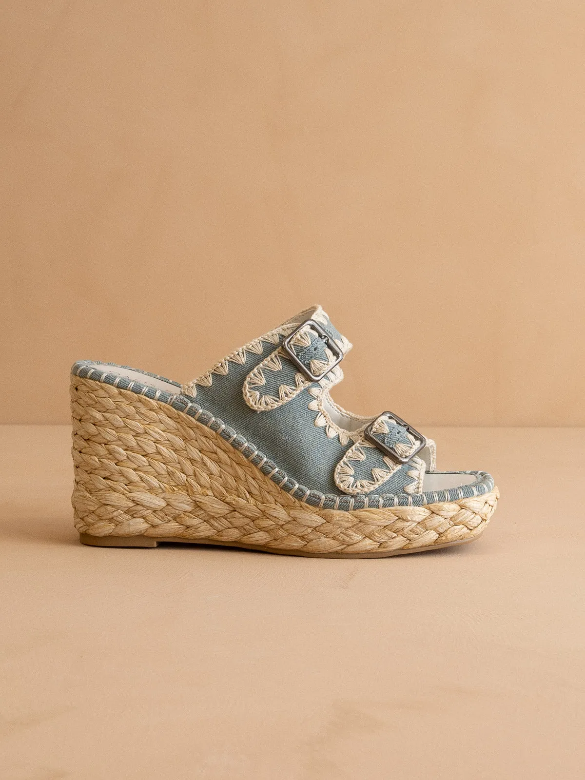 The Rae | Slate Blue Embroidered Espadrille Wedges With Double Buckle Straps