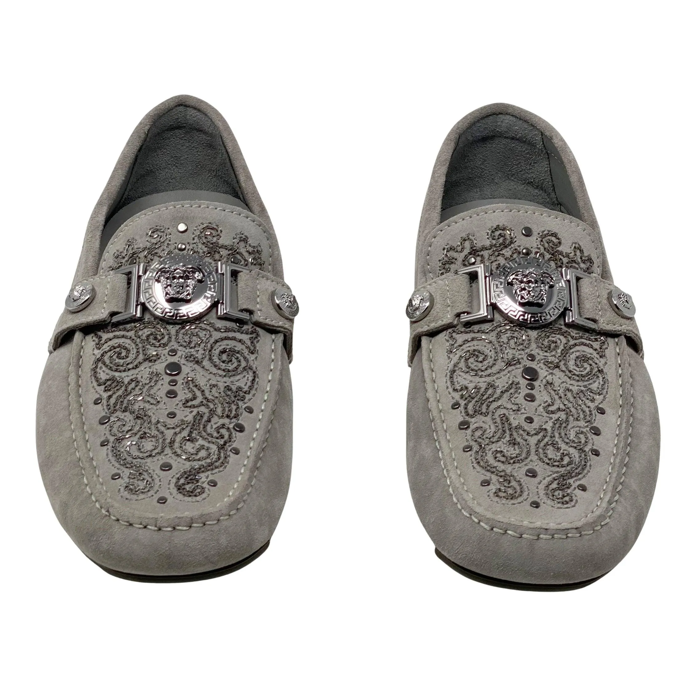 Versace Beaded Grey Suede Medusa Loafers 40.5