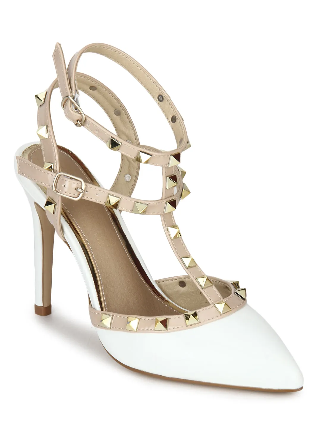 White Nude Studded Strappy Stiletto Heels