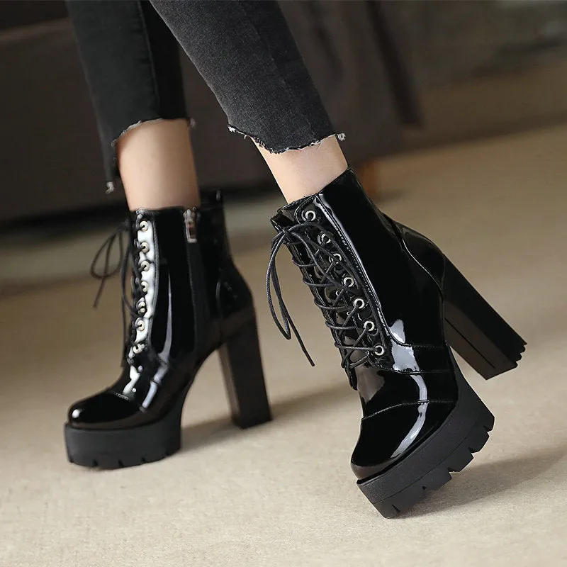 Women platform boots patent leather chunky high heeled booties lace-up