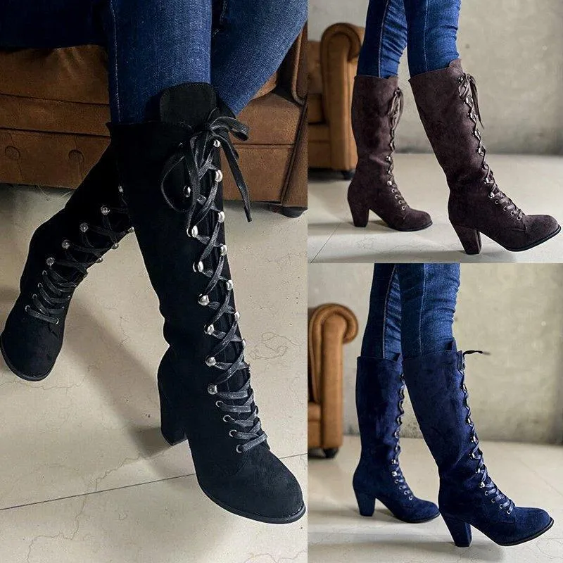 Women's vintage suede chunky block heel lace-up boots gothic steampunk boots