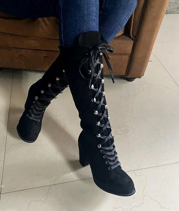 Women's vintage suede chunky block heel lace-up boots gothic steampunk boots