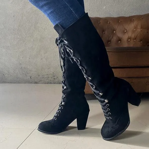 Women's vintage suede chunky block heel lace-up boots gothic steampunk boots