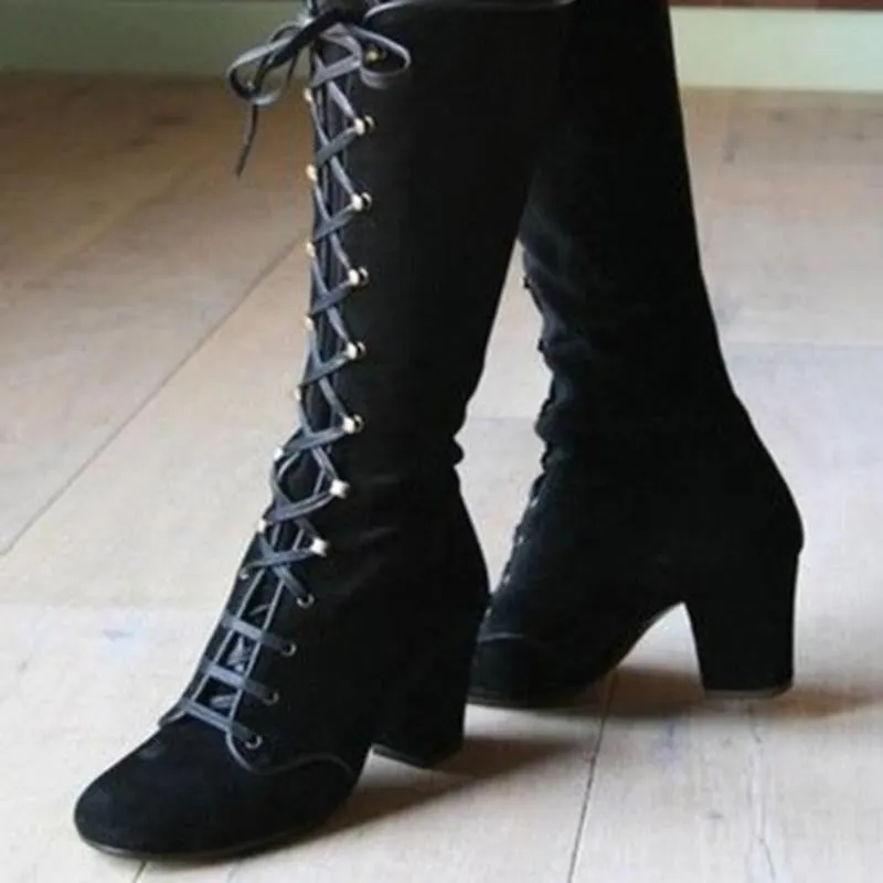 Women's vintage suede chunky block heel lace-up boots gothic steampunk boots