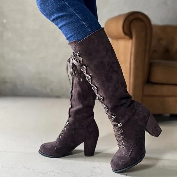 Women's vintage suede chunky block heel lace-up boots gothic steampunk boots