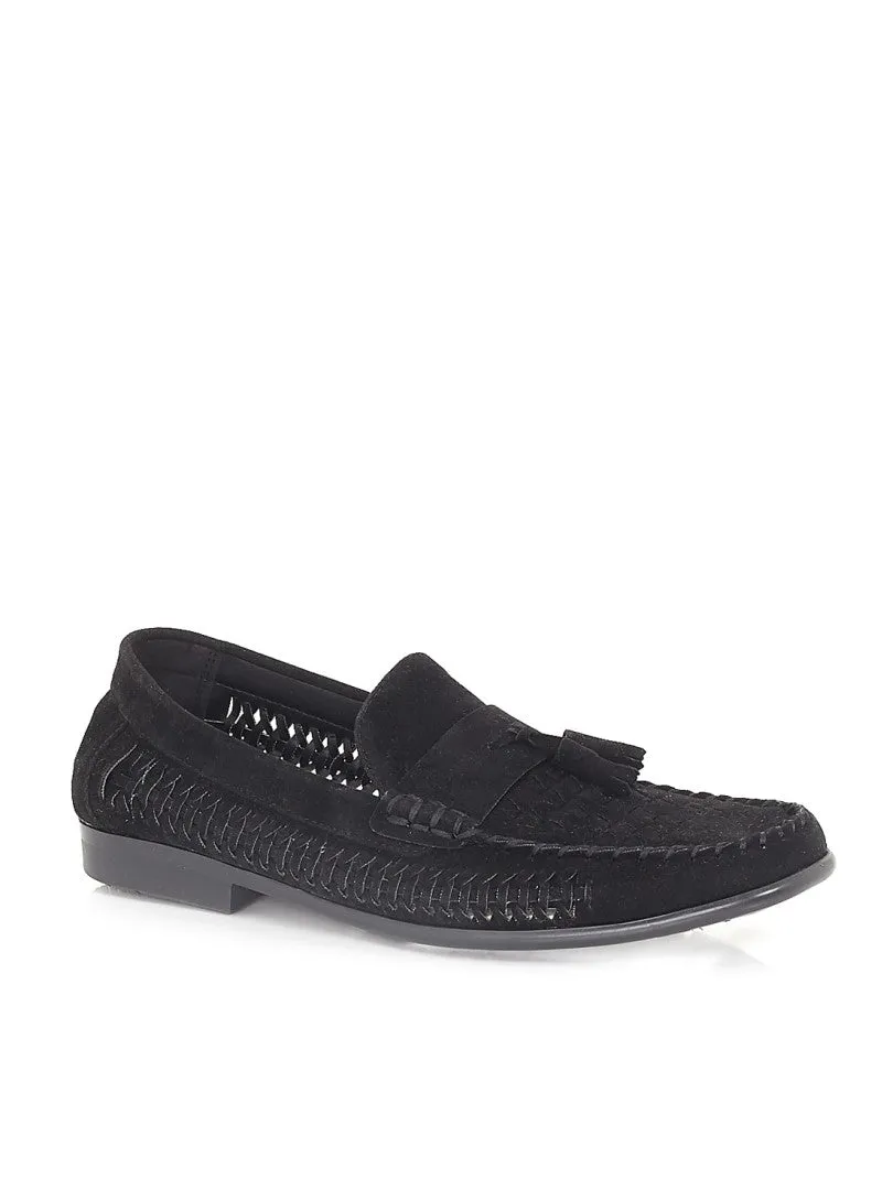 WOVEN DETAIL BLACK FAUX SUEDE LOAFERS